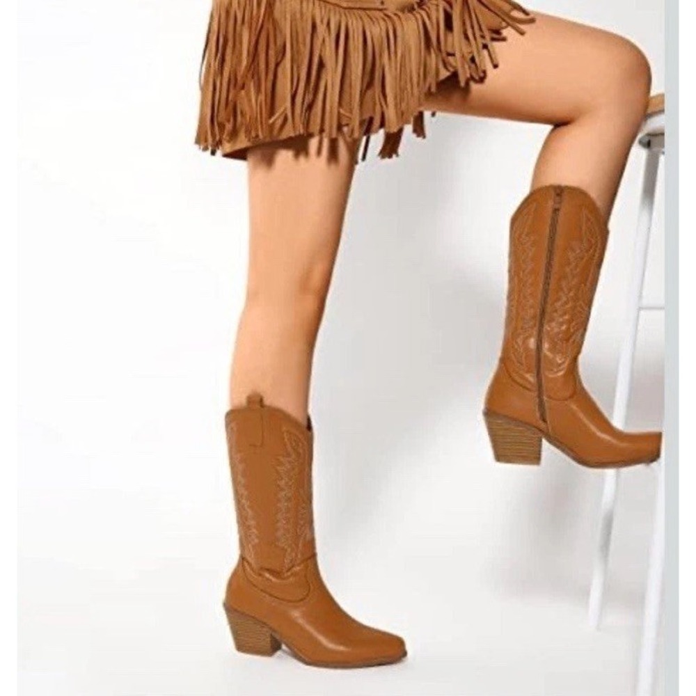 TINSTREE Embroidered Cowgirl Mid Calf Knee High Western Riding Boots Women's 10 - Picture 2 of 10